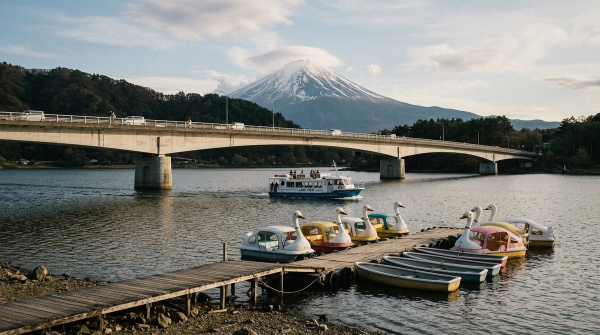 The Funatsu pier and the Kawaguchiko Ohashi bridge, both reachable on foot without a Lake Kawaguchi tour