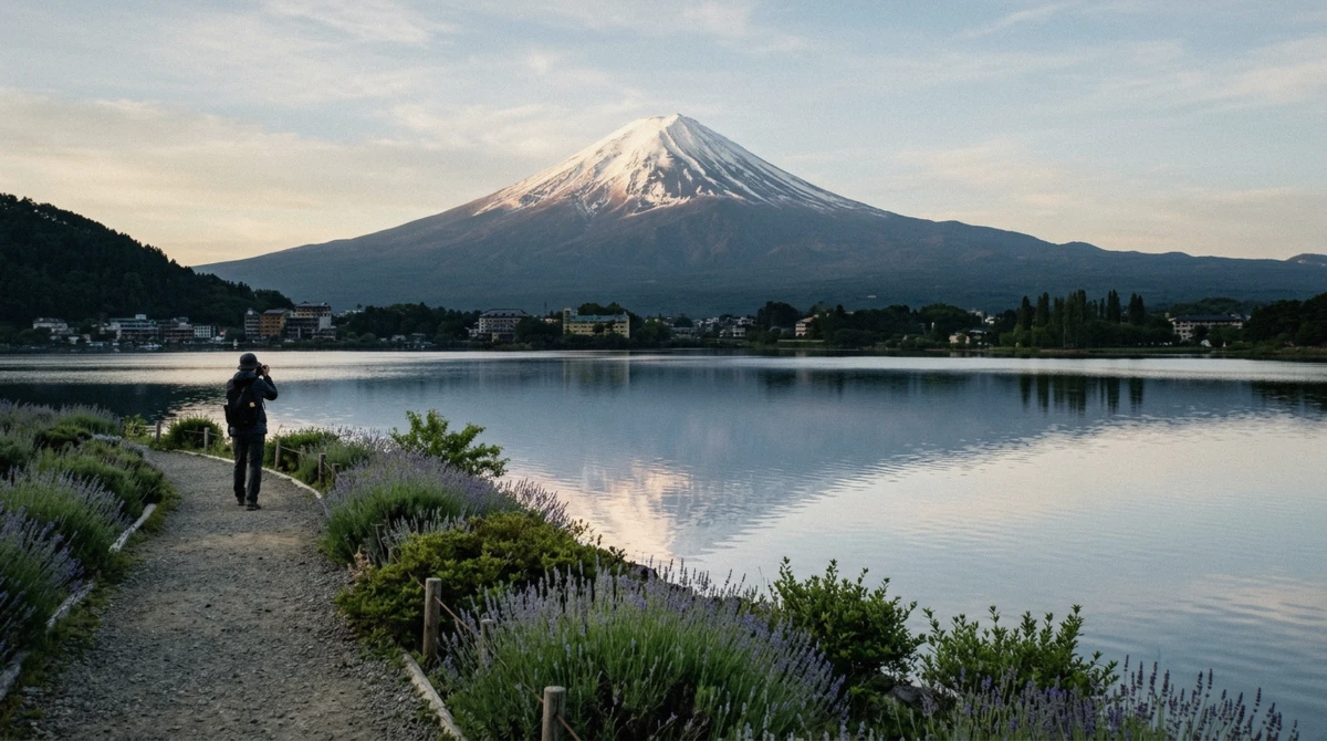 Mount Fuji across Lake Kawaguchi from the Oishi Park shore at first light, the view a lake Kawaguchi tour is booked for
